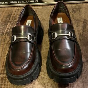 Steve Madden Women’s Burgundy Lug Sole Loafers with Silver Accents